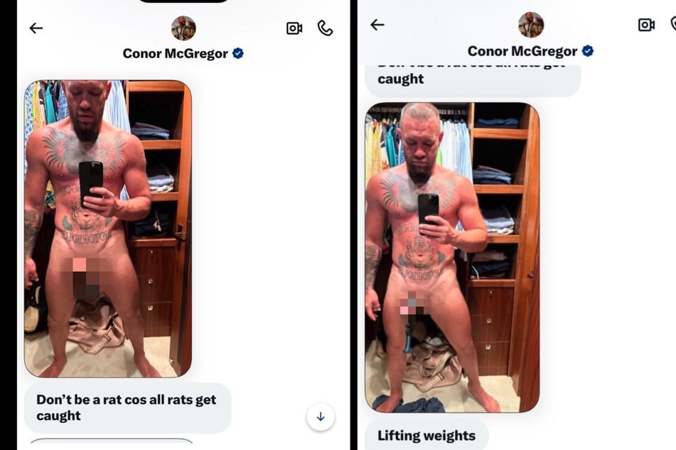 Estas imágenes de desnudo se cree que el ex deportista de artes marciales mixtas Conor McGregor (37) las envió a la rapera. En la imagen de la derecha, tiene un pesado atado a su parte más íntima.