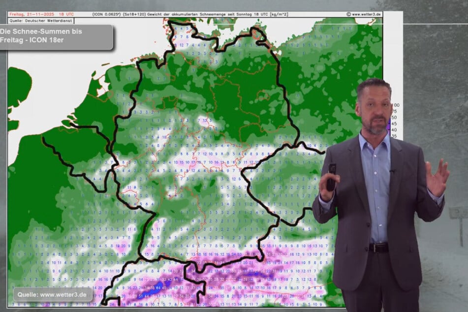 Reichlich Schnee gibt es in den Alpen, doch auch in tieferen Lagen können im Laufe der Woche Flocken vom Himmel wirbeln, zeigt Meteorologe Kai Zorn anhand von Wettermodellen auf.