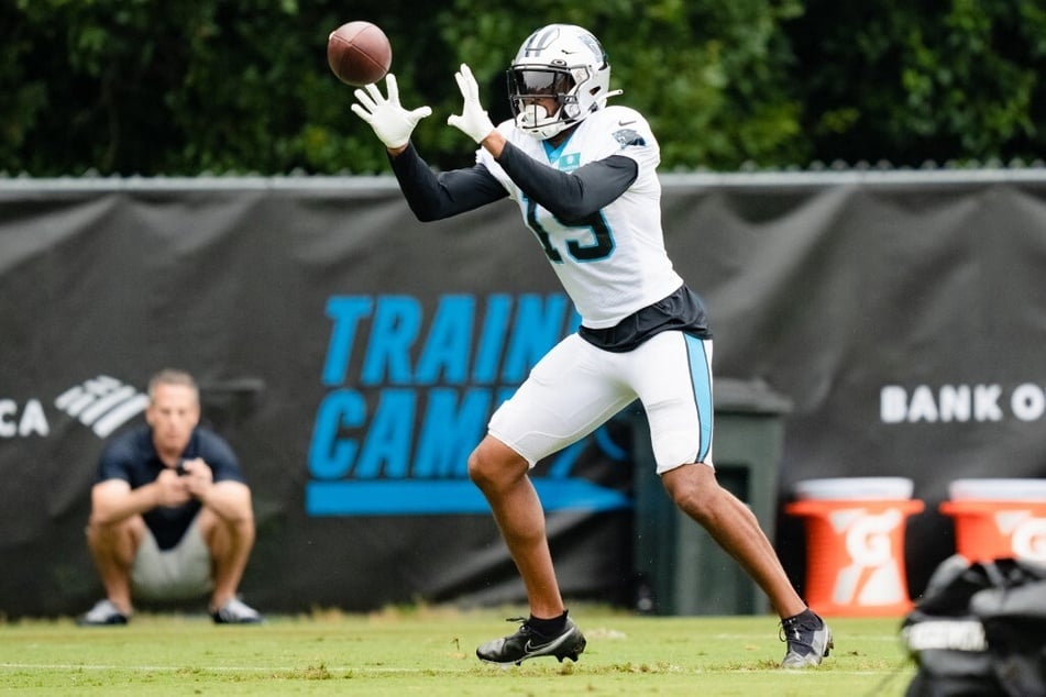 Wide receiver Keith Kirkwood with the Carolina Panthers makes a catch during training camp.