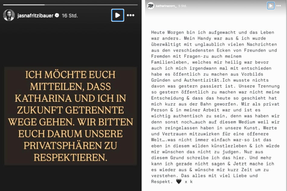 Jasna Fritzi Bauer und Katharina Zorn thematisierten die Trennung in ihren Instagram-Storys.