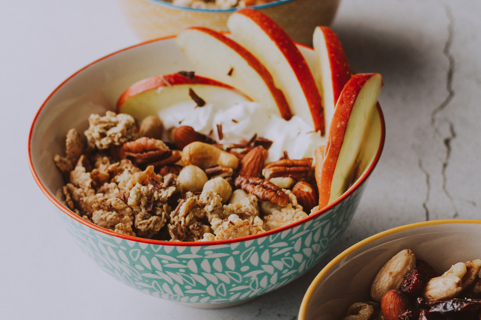 Muesli is a breakfast cereal made with rolled oats, and topped with whatever you choose.