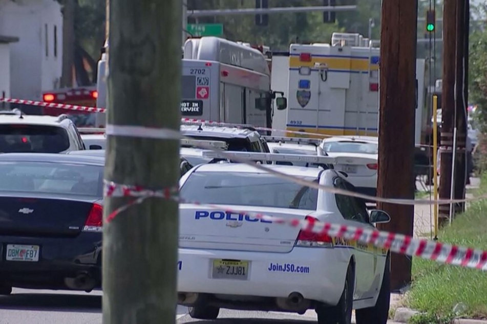 Police cars and ambulances on the site of a shooting in Jacksonville, Florida, on August 26, 2023.
