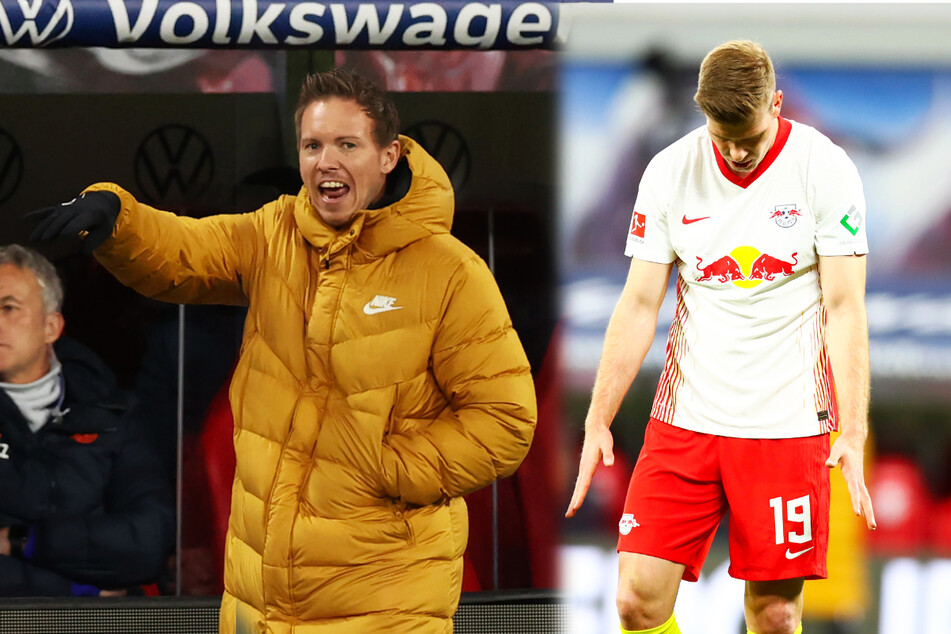 RB-Coach Julian Nagelsmann (l.) verzweifelte und schimpfte an der Seitenlinie regelmäßig. Auch Stürmer Alexander Sörloth konnte nach seiner Einwechslung keine Abhilfe schaffen.