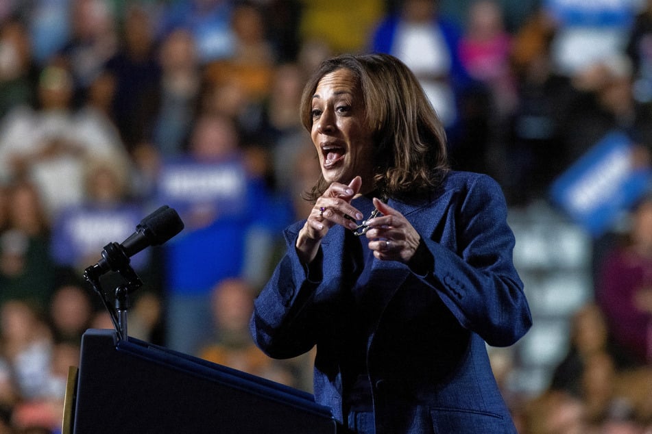 Democratic presidential nominee Kamala Harris speaks during a campaign rally at Michigan State University in East Lansing.