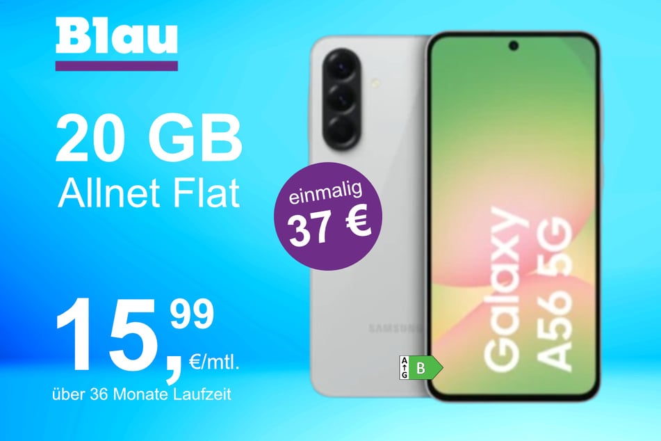 Das Samsung Galaxy A56 5G im Blau Allnet XL für einmalig 37 Euro.