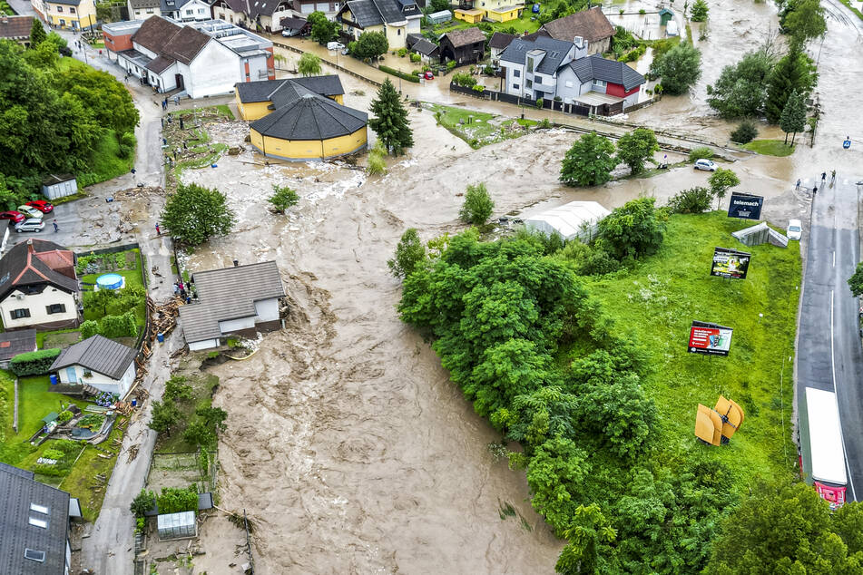 Blick auf ein überschwemmtes Gebiet in Ravne na Koroskem, rund 60 Kilometer nordöstlich von Ljubljana.