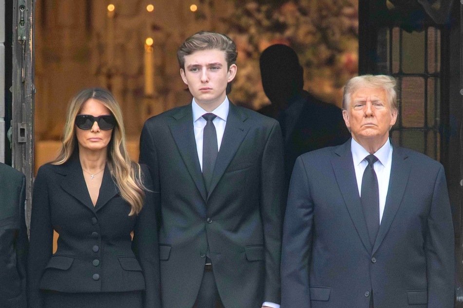 (From l. to r.) Melania, Barron, and Donald Trump at the funeral for Melania's mother, Amalija Knavs, on January 18, 2024.