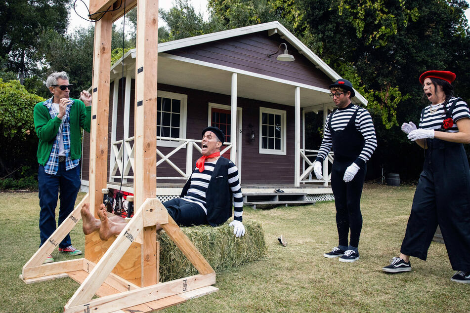 (From l. to r.) Johnny Knoxville, Steve-O, Sean Poopies McInerney, and Rachel Wolfson preparing to bring the pain in Jackass Forever.