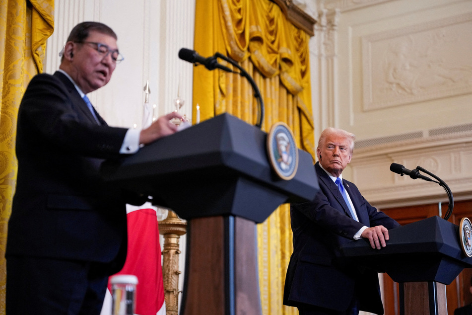 President Donald Trump holds a joint press conference with Japanese Prime Minister Shigeru Ishiba in the East Room at the White House on February 7, 2025.
