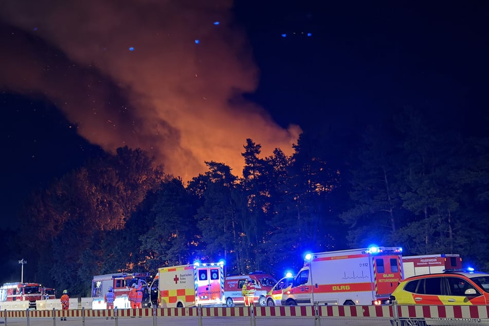 Der Schein des Feuers erhellt eine große Rauchsäule, die über dem Wald aufsteigt.