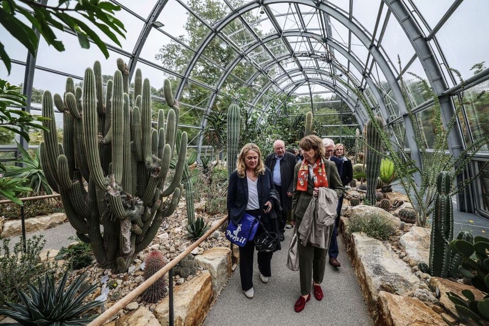 Ex-Bürgermeisterin Henriette Reker (69, r.) und andere Besucher gehen bei der Eröffnung der neuen Schaugewächshäuser der Kölner Flora durch das Wüstenhaus.