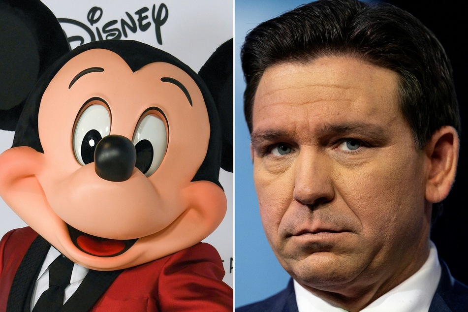 Florida Governor Ron DeSantis (r.) triggered a legal and political dispute with Disney after the entertainment giant opposed his anti-LGBTQ+ "Don't Say Gay" law.