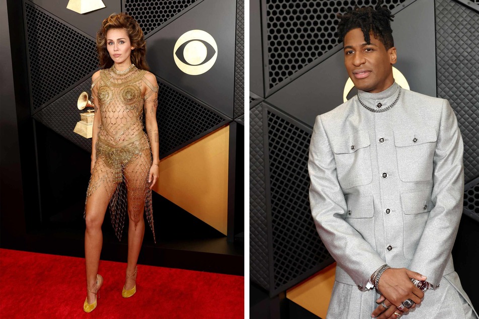 Jon Batiste (r.), and Miley Cyrus opted for sparkling metallics at the Grammys.