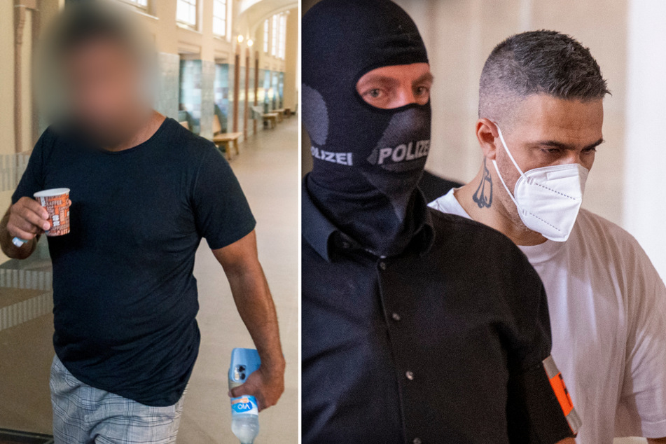 Mit Polizeischutz kommt Bushido (43, r.) zum Gerichtssaal. Arafat Abou-Chaker (46) hat den Rapper offenbar heimlich aufgenommen.
