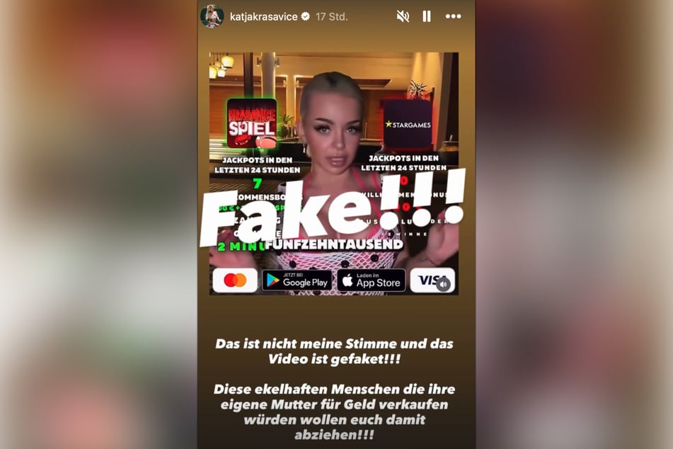 Die Betrüger haben scheinbar ein Video von Krasavice genommen, Text und Logos darauf bearbeitet und mithilfe einer KI die Stimme der Rapperin kopiert und verfälscht.