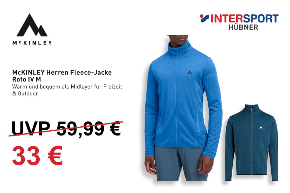 Die McKINLEY Herren Fleece-Jacke
für 33 statt 59,99 Euro.