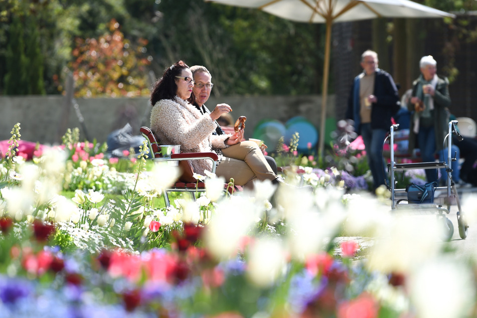 Überlingen, Ende April: Zwei Besucher sitzen inmitten der Blumenpracht auf dem Gelände der Landesgartenschau.