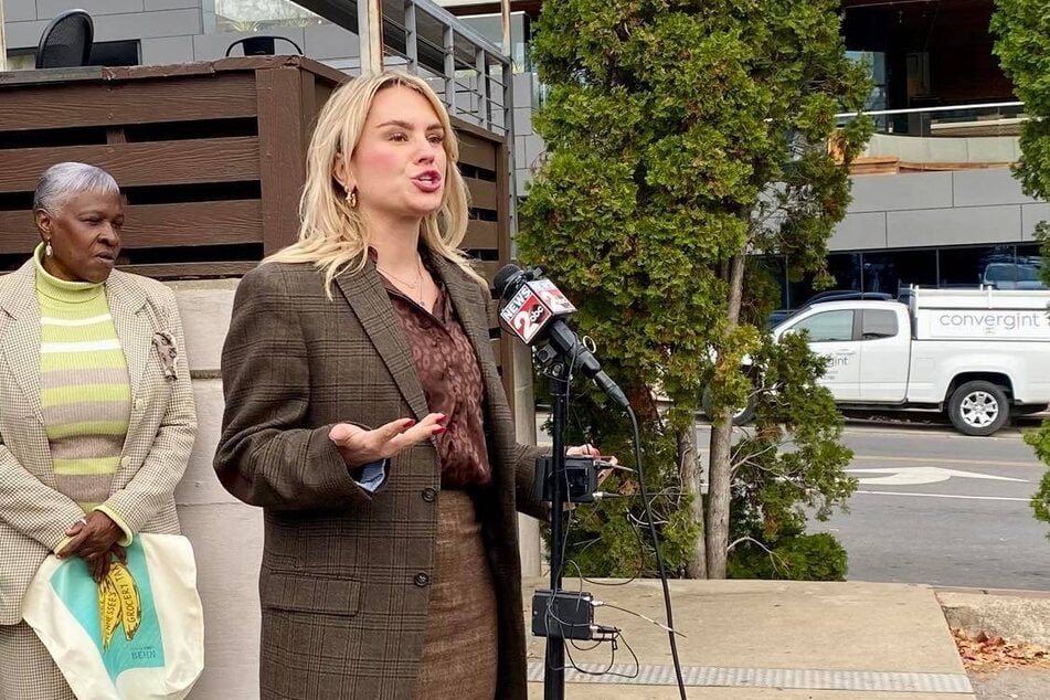 State Representative Aftyn Behn announces legislation to eliminate Tennessee's grocery sales tax at The Turnip Truck Natural Market in Nashville on November 20, 2023.
