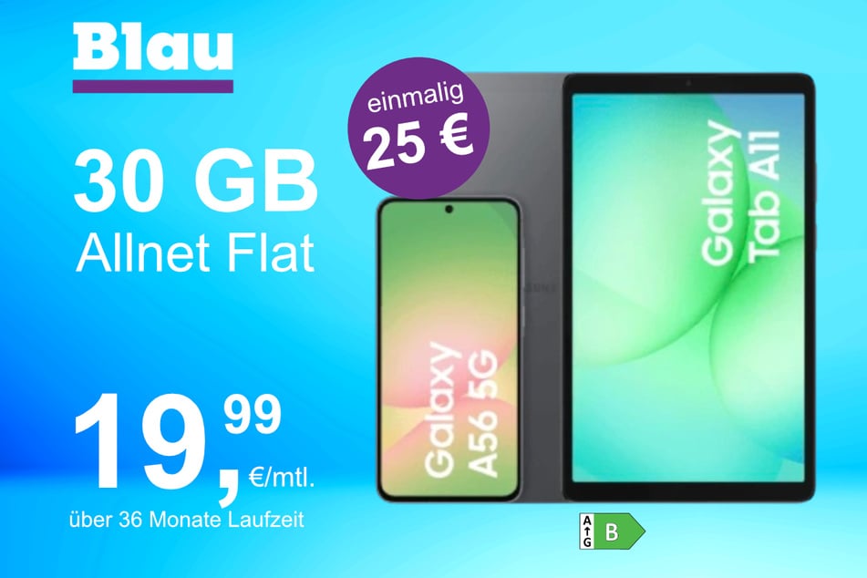 Das Samsung Galaxy A56 + Tab A11 im Blau Allnet L für einmalig 25 Euro.