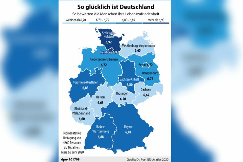 Die Karte zeigt die Lebenszufriedenheit der Menschen in Deutschland auf einer Skala von 0 bis 10.