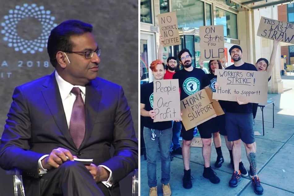 Starbucks Workers United has once again called for an end to corporate union busting after Laxman Narasimhan (l.) was tapped as the coffee company's next CEO.