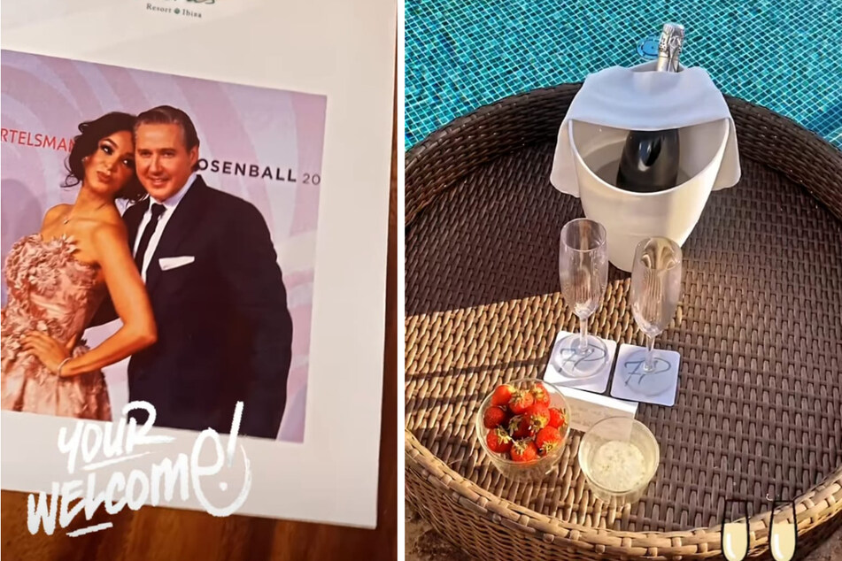In ihrer Luxus-Suite findet Verona Pooth (53) Erinnerungsfotos mit ihren Lieben und ein Tablett mit Champagner und Erdbeeren. (Fotomontage)