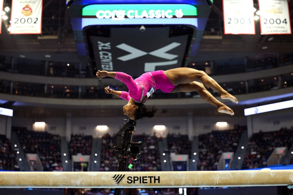 Simone BIles won the all-around title at the Core Hydration Classic in Hartford, Connecticut on Saturday.