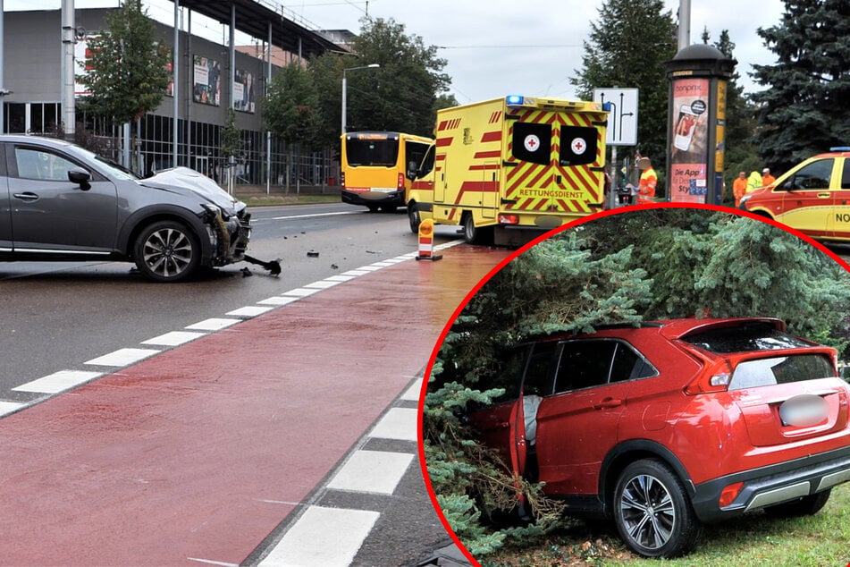 Vor Kaufland in Striesen: Mitsubishi kracht nach Unfall gegen Baum