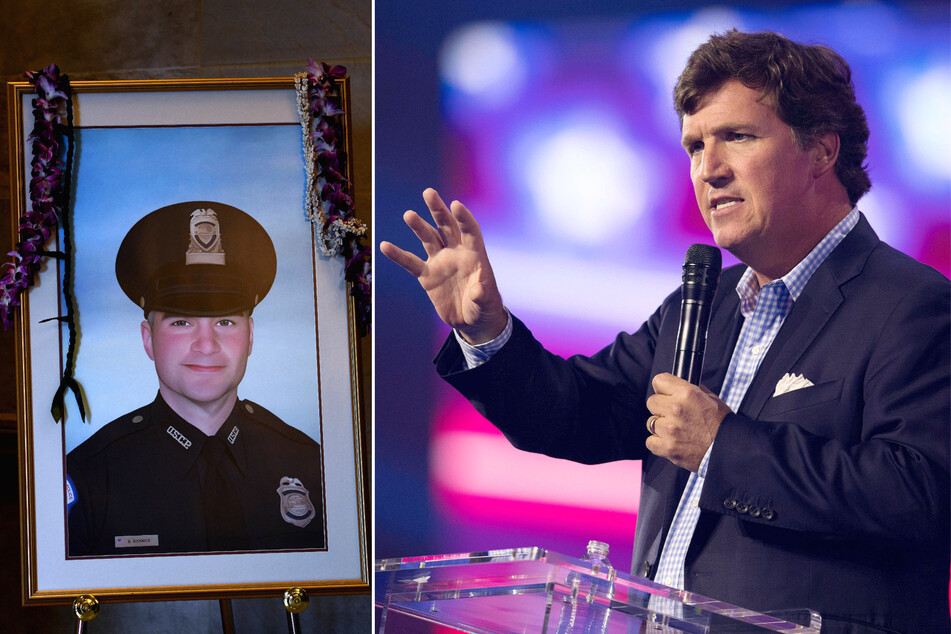 The family of Capitol officer Brian Sicknick (l.) shunned Fox News after host Tucker Carlson (r.) shared January 6 footage and made assertions about his death.