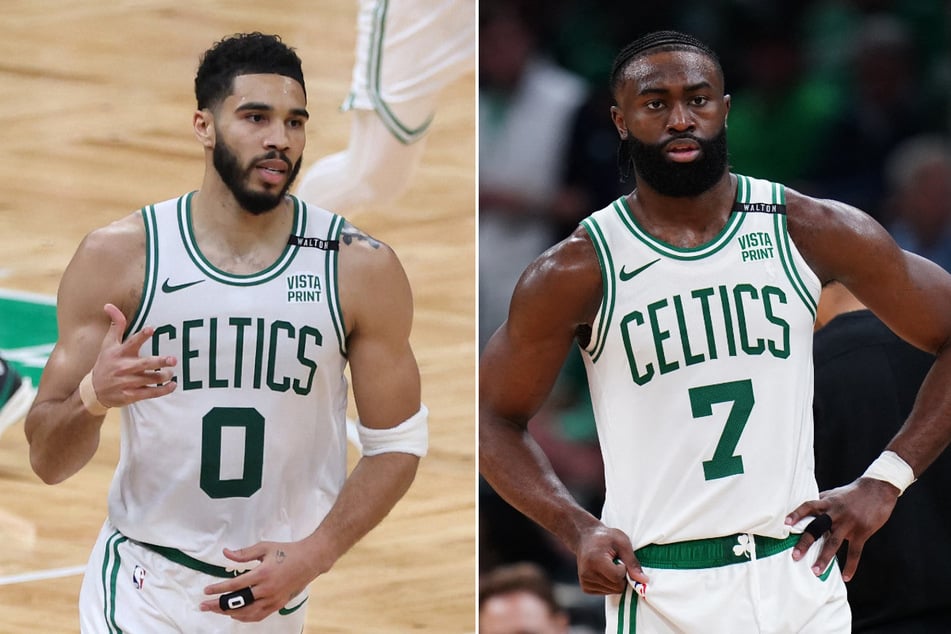 Boston Celtics forward Jayson Tatum (l.) and guard Jaylen Brown are brushing off comparisons as they look toward Game 2 of the NBA Finals.