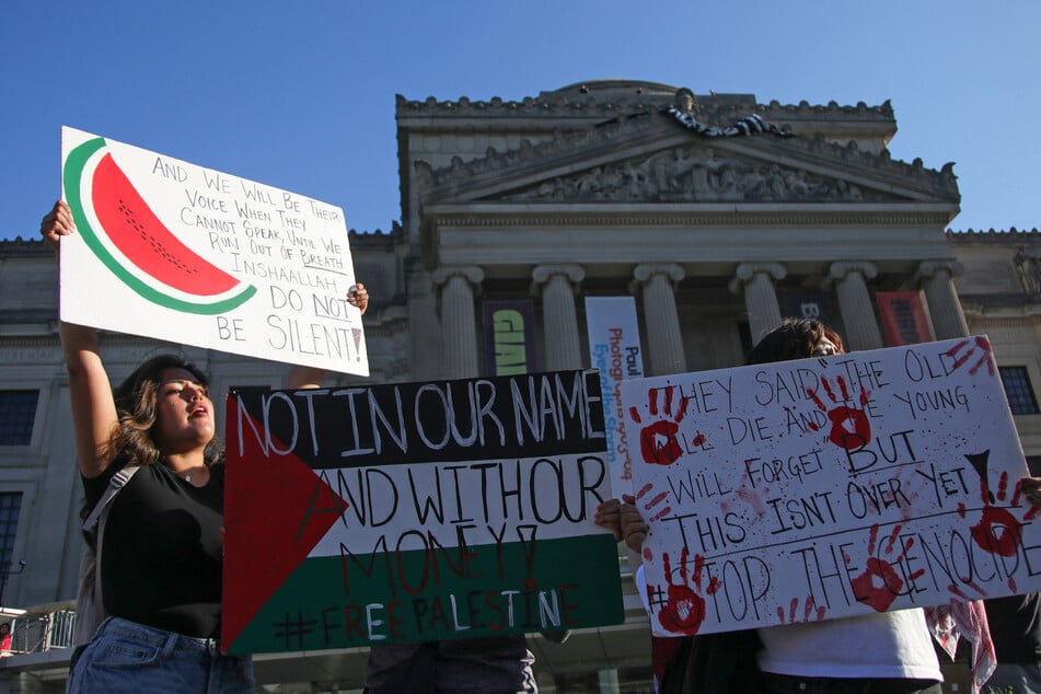 Pro-Palestinian demonstrators protest outside the Brooklyn Museum in Brooklyn, New York on May 31, 2024.