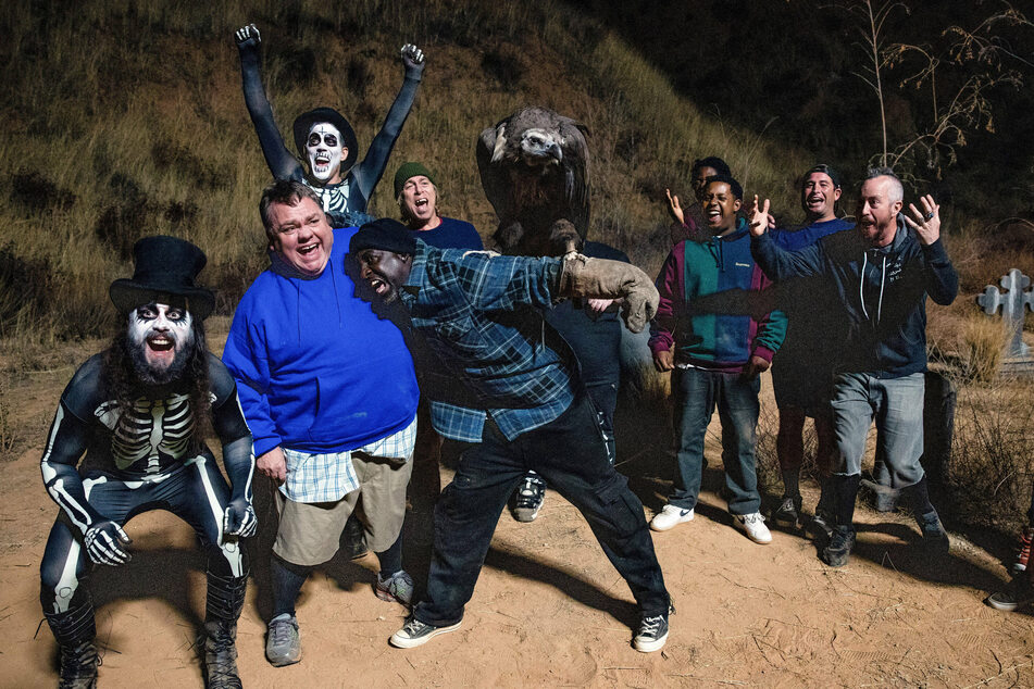 (From l. to r.) Chris Pontius, Preston Lacy, Steve-O, Dark Shark Dave England, Zach Holmes, Eric Manaka, Jasper, Sean Poopies McInerney, and Danger Ehren in Jackass Forever.