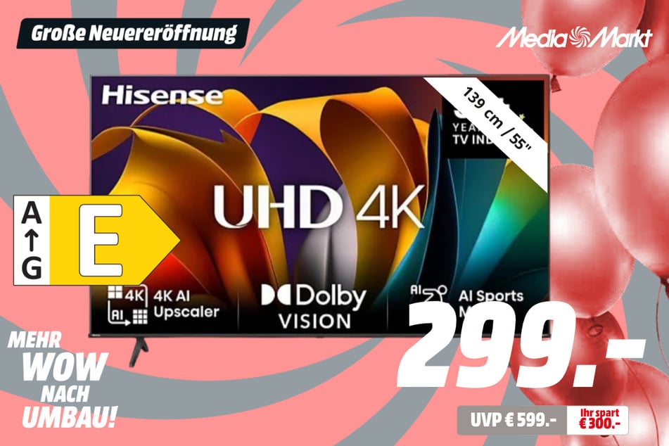 55-Zoll Hisense-Fernseher für 299 statt 599 Euro.