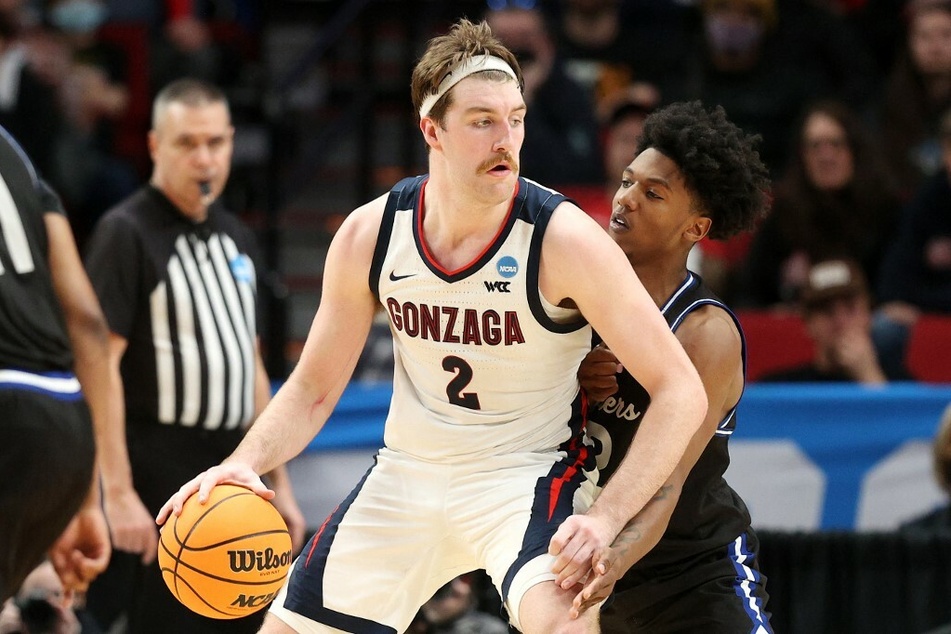 Drew Timme of the Gonzaga Bulldogs dribbles against the Georgia State Panthers in the NCAA Tournament.
