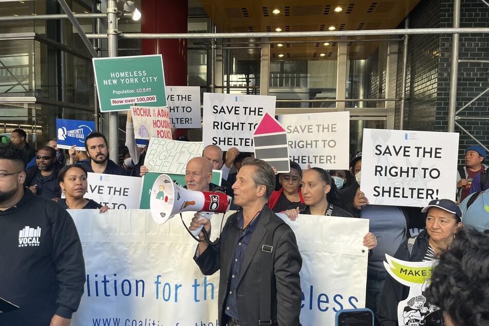 Protesters rally in support of New York City's Right to Shelter rule amid threats from New York City Mayor Eric Adams and New York Governor Kathy Hochul.