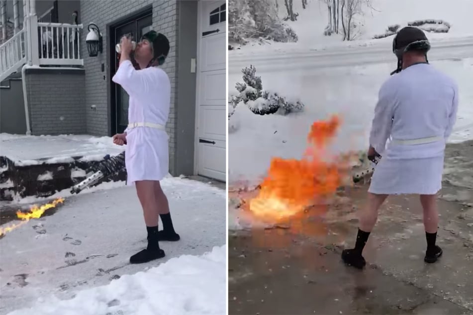 In der einen Hand einen Flammenwerfer, in der anderen ein Bier und eine Zigarre: Sichere Straßenräumung geht wohl anders.