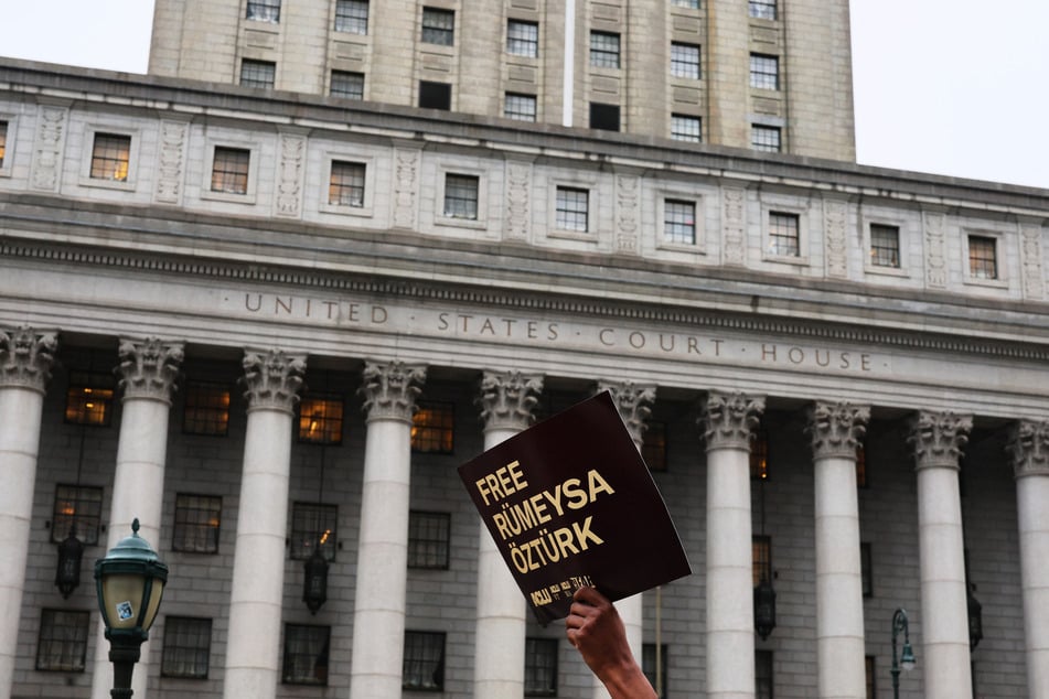 People gather for a rally in support of Rümeysa Öztürk and Mohsen Mahdawi in New York City's Foley Square on May 6, 2025.