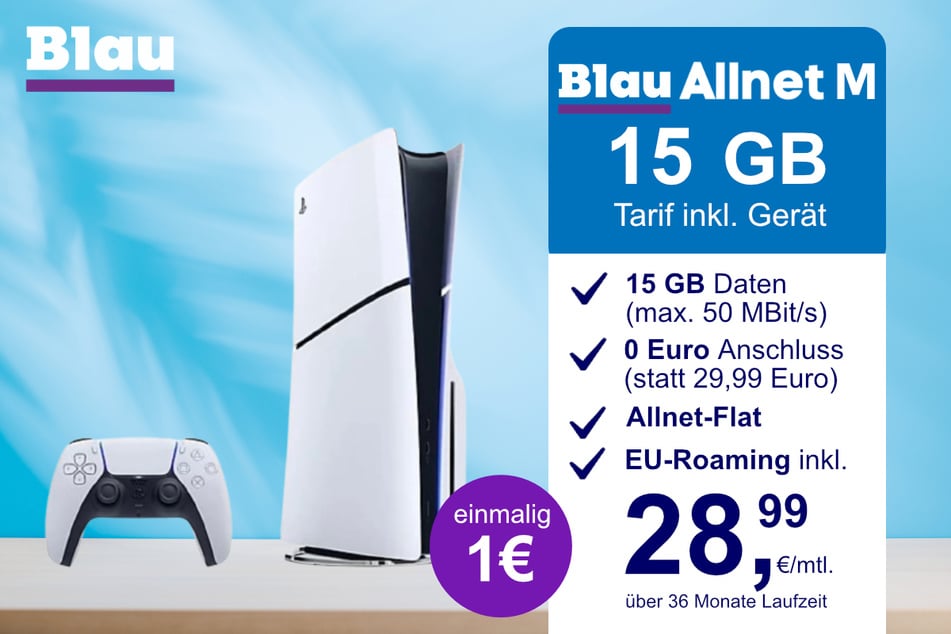 Die PS5 Digital Slim Edition im Blau Allnet M inkl. 15 GB für einmalig nur 1 Euro.