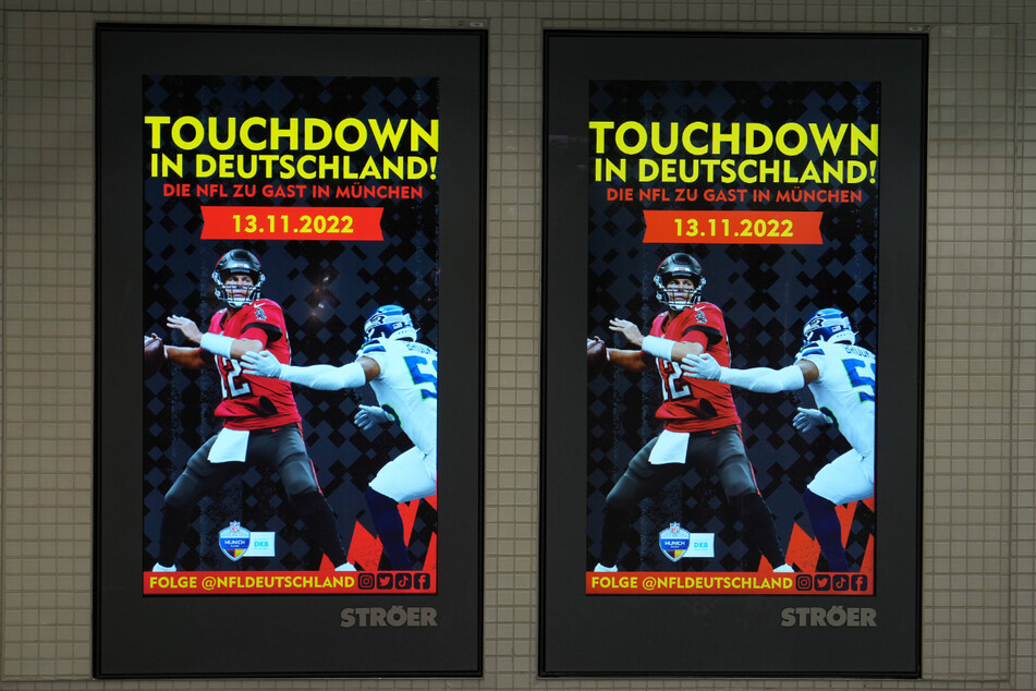 An ad promoting the NFL International Series game between the Seattle Seahawks and the Tampa Bay Buccaneers featuring images of Tom Brady and Seahawks linebacker Jordyn Brooks was displayed in Munich, Germany.
