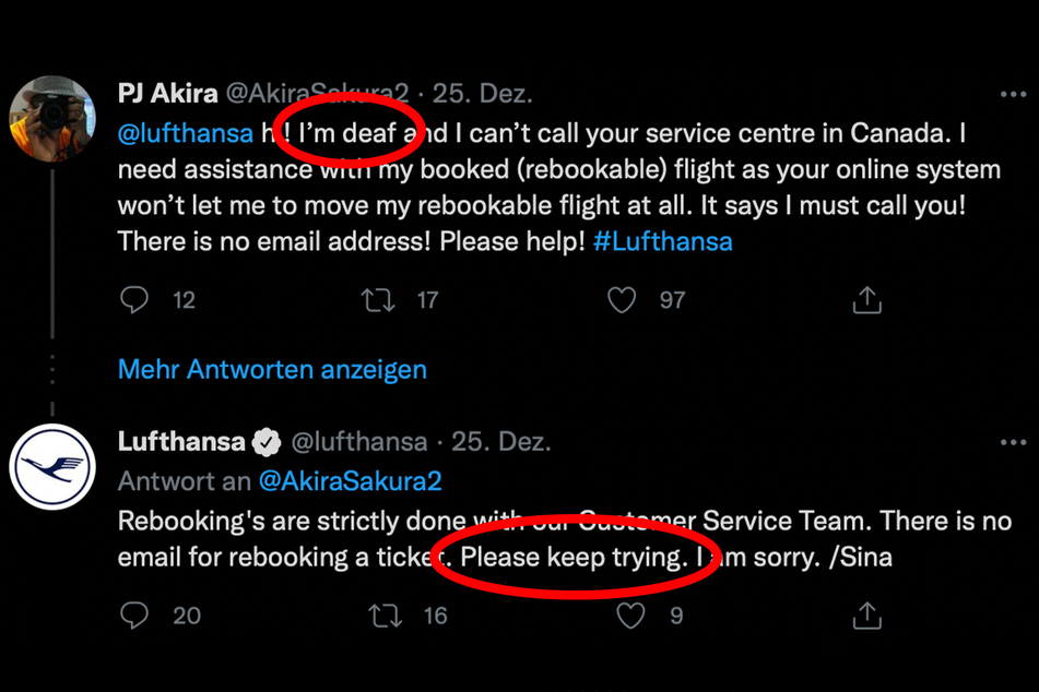 PJ Akira sagt gleich eingangs "Ich bin taub" und er könne nicht telefonieren. Der Rat des Lufthansa-Social-Media-Teams: "Versuche es bitte weiter."