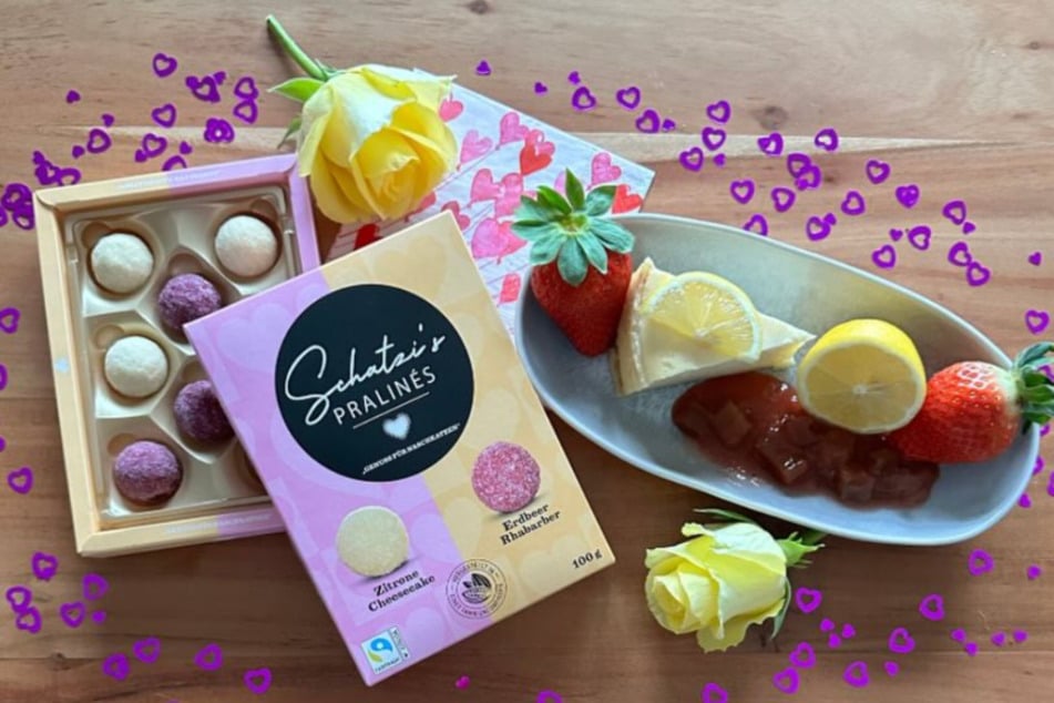 Darum geht es: die Pralinen in den Geschmackssorten Zitrone-Cheesecake und Erdbeer-Rhababer.