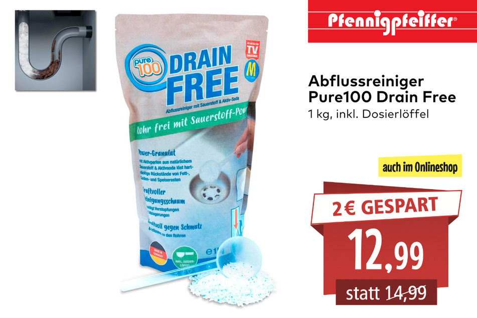 Abflussreiniger Pure100 Drain Free für nur 12,99 Euro.