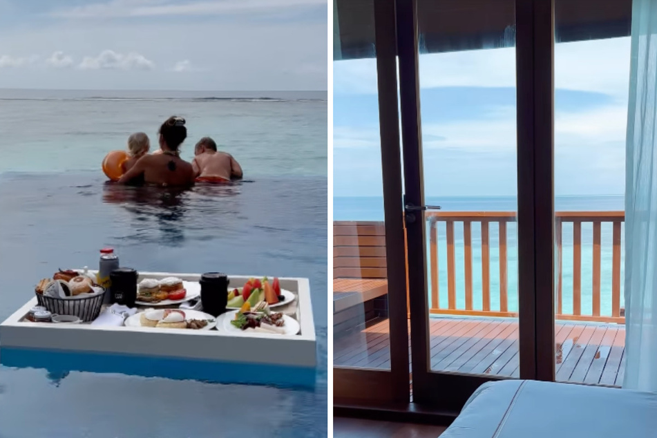 Luxus so weit das Auge reicht: Die kleine Patchwork-Familie lebt auf der Trauminsel in einem Stelzenhaus mit Infinity-Pool im Indischen Ozean.