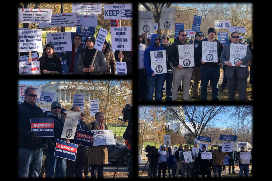 Railroad workers and supporters in Washington DC raise signs demanding better working conditions, including paid sick leave.