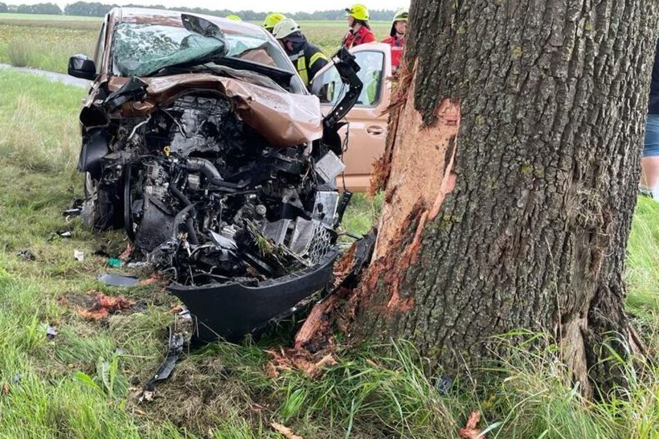 Das Auto krachte frontal in einen Baum und wurde komplett zerstört.
