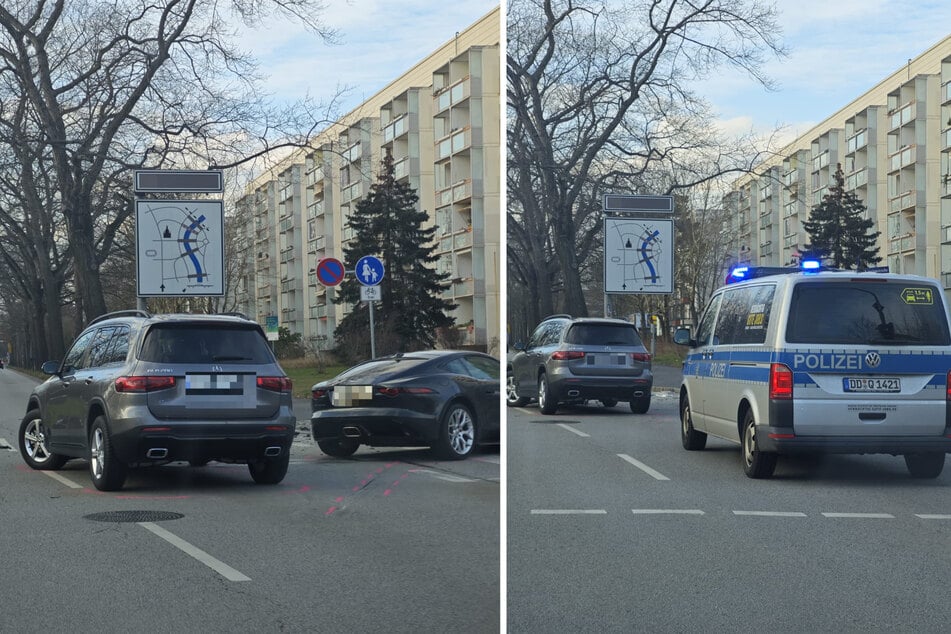 Unfall am Sonntagnachmittag auf der Dresdner Stübelallee zwischen Autos der Marken Mercedes-Benz und Jaguar.