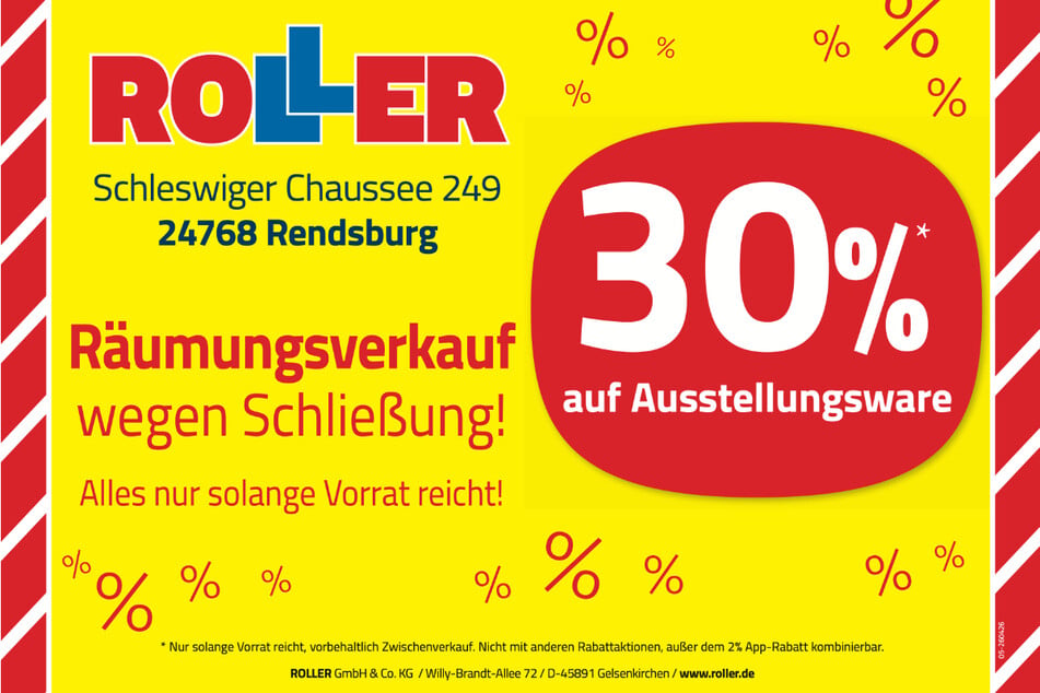 Zum Start des großen Räumungsverkaufs bei ROLLER in Rendsburg gibt's für Kunden u.a. 30 Prozent Rabatt¹ beim Möbelkauf.