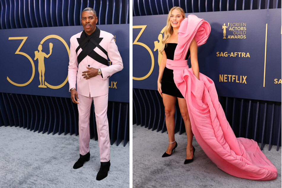 Colman Domingo (l.) and Margot Robbie flaunt striking pink outfits at the 30th Screen Actors Guild Awards.