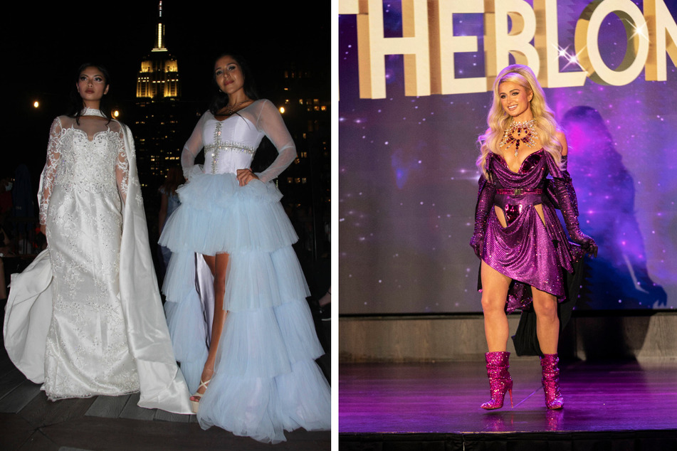 Designers like Marc Marlon (l.) got creative showcasing their clothing at outdoor rooftop venues. Paris Hilton (r.) walked the runway at The Blonds show, one of the week's final events.