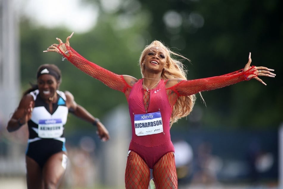 Sha'Carri Richardson celebrated after winning the Women's 200-meter during the New York Grand Prix.